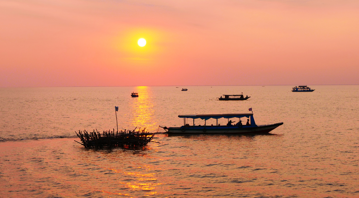 Tonle Sap Lake with Boats During Sunset
